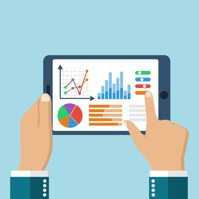 The tablet in the hands of a businessman with statistical data presented in the form of digital graphs and charts. Financial analysis, statistics. Vector illustration, flat design. Statistics concept.